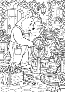 Bjørn reparerer cykel i gården – bjørnetegning til print