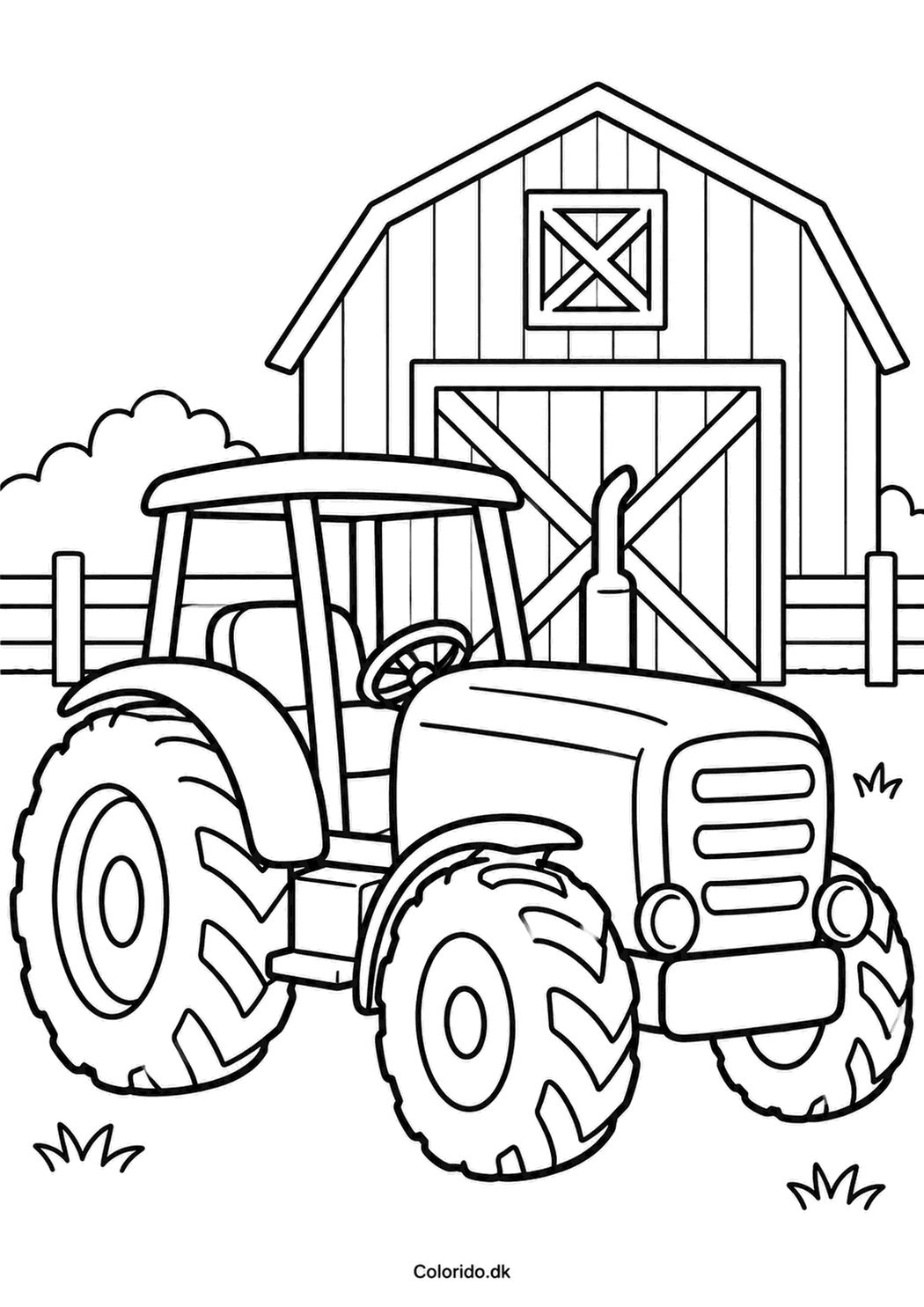 Traktor foran en lade – tegning til print