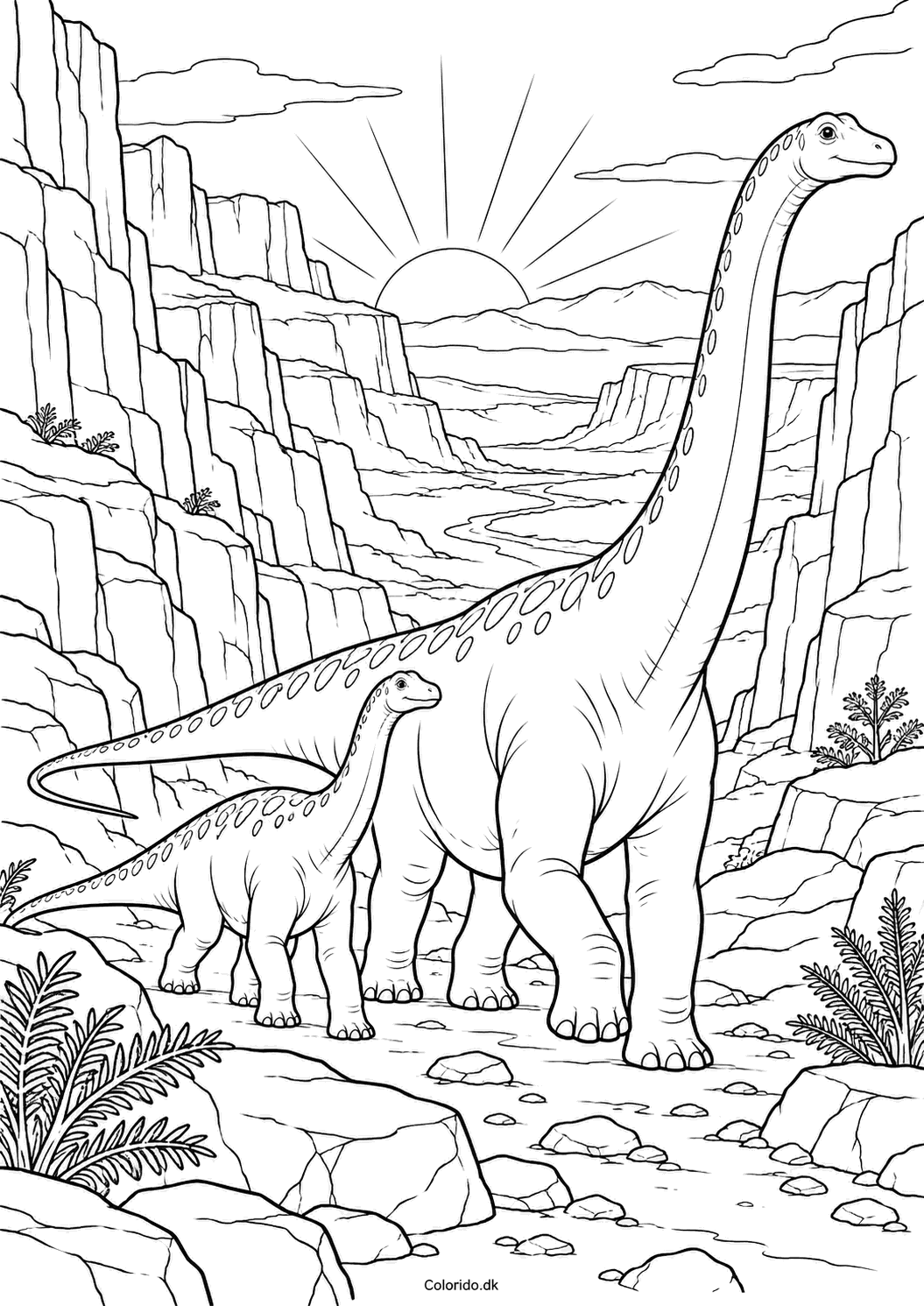 To langhalsede dinosaurer i klippekløft til farvelægning