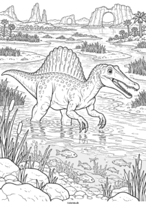 Spinosaurus i floddelta med fisk – detaljeret dinosaur tegning