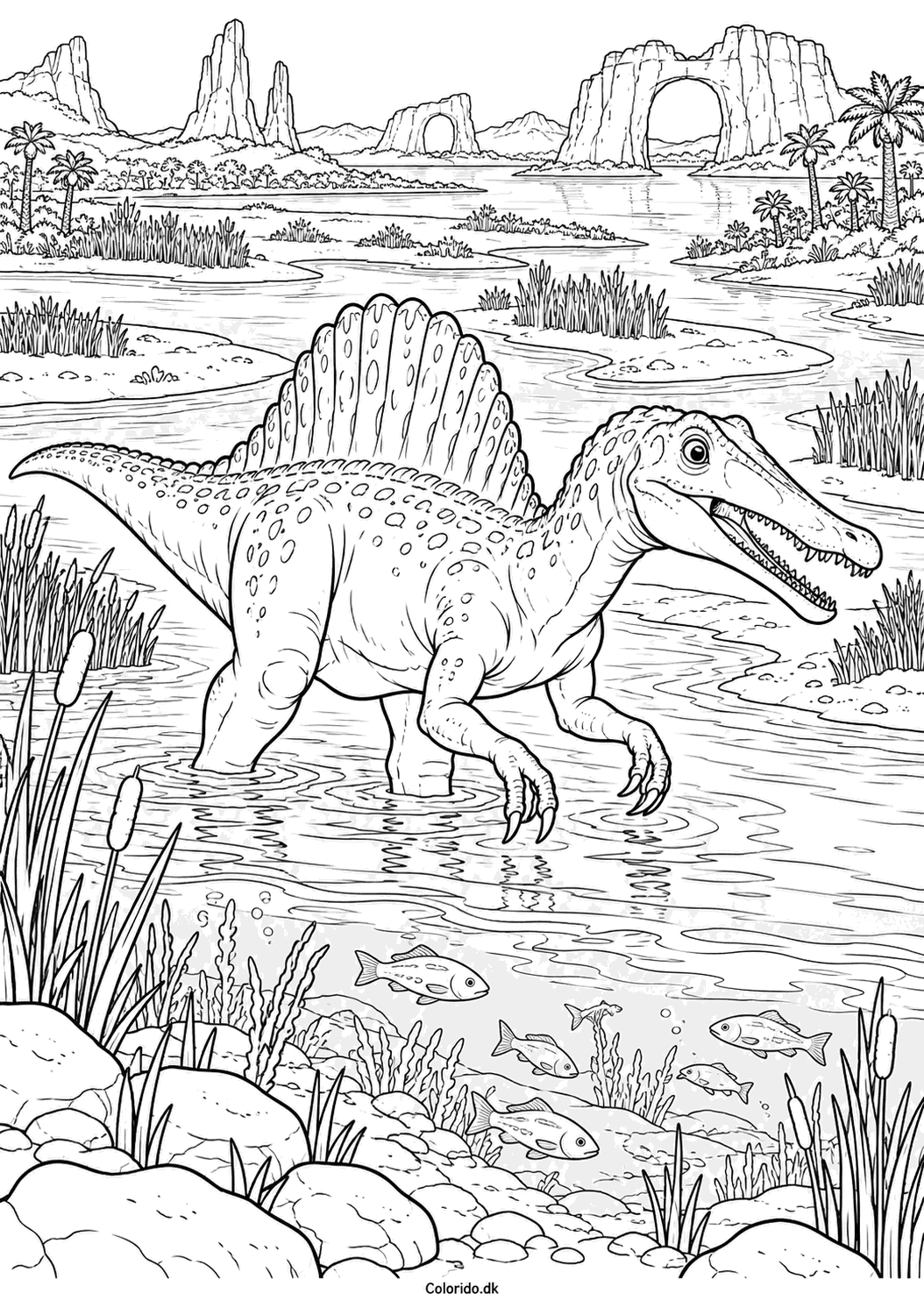 Spinosaurus i floddelta med fisk – detaljeret dinosaur tegning
