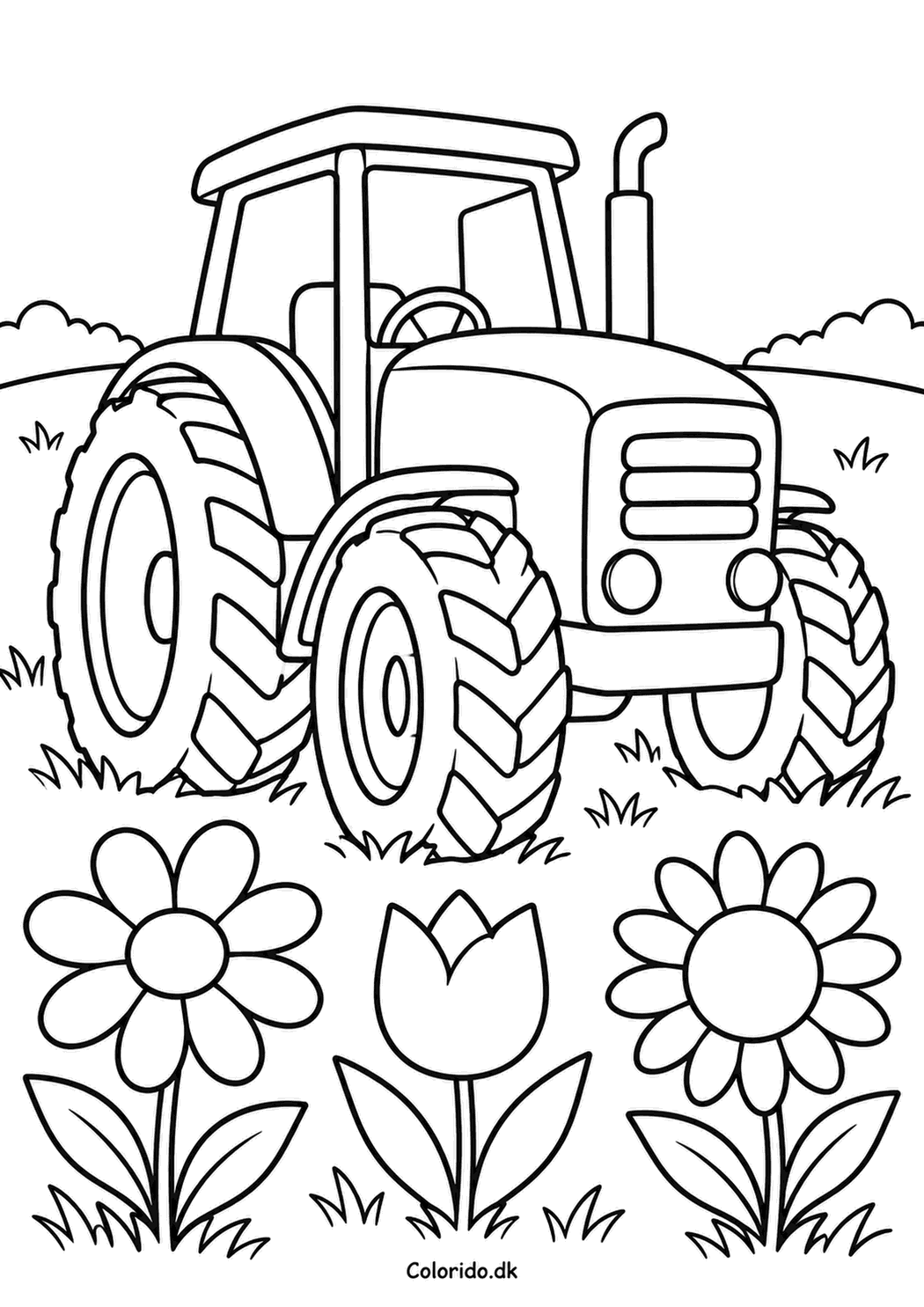 Traktor ved blomsterengen – nem tegning
