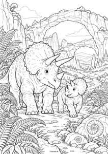 Triceratops med unge under stenbue – tegning til print