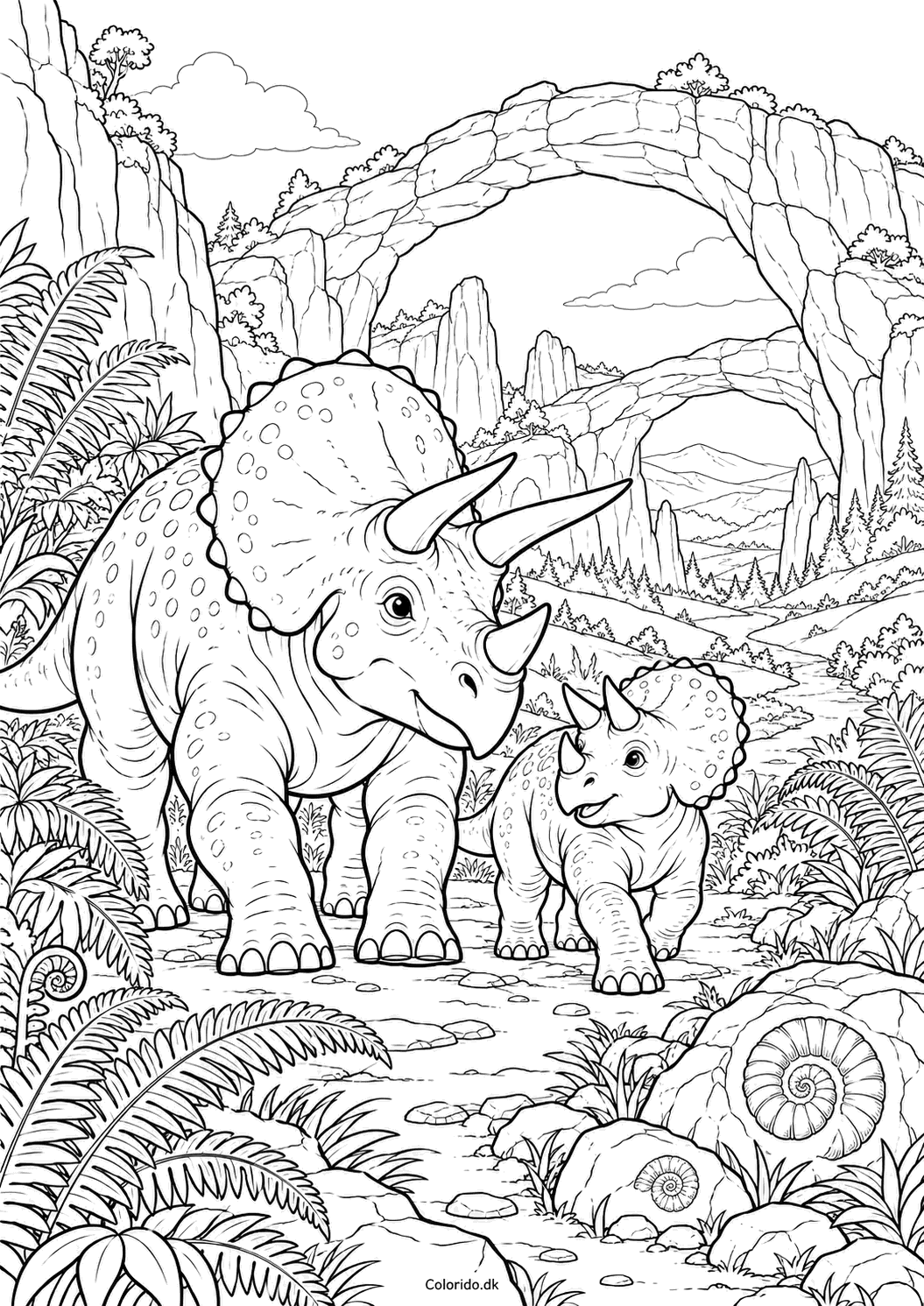 Triceratops med unge under stenbue – tegning til print