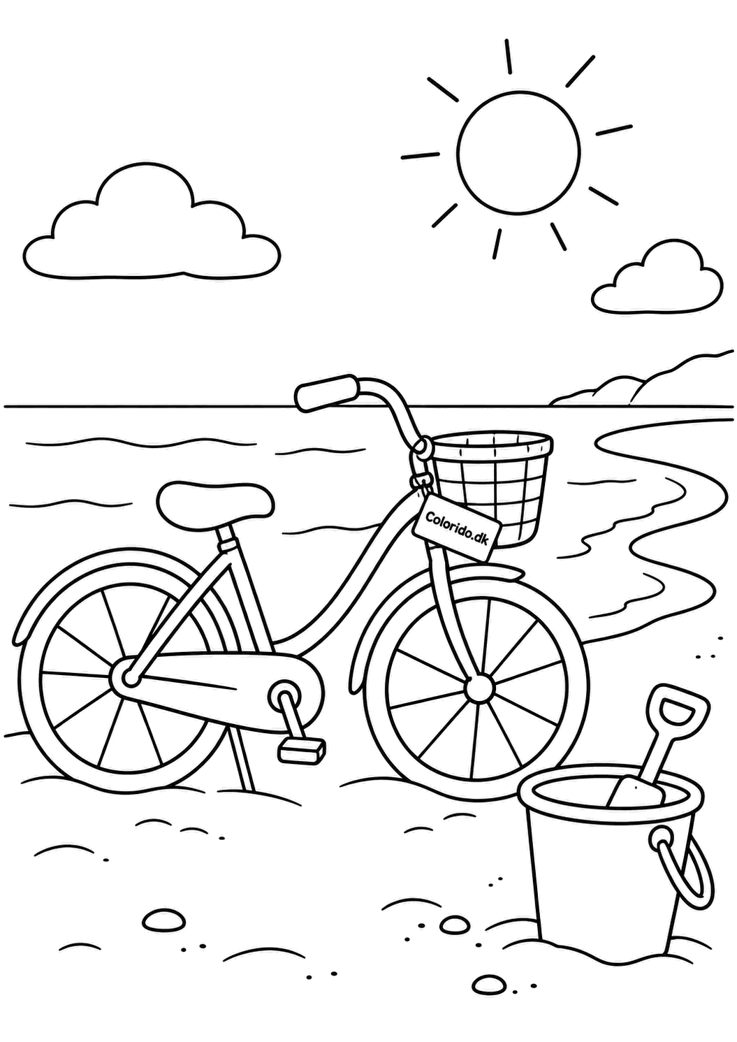 Cykel ved stranden – sommertegning til print