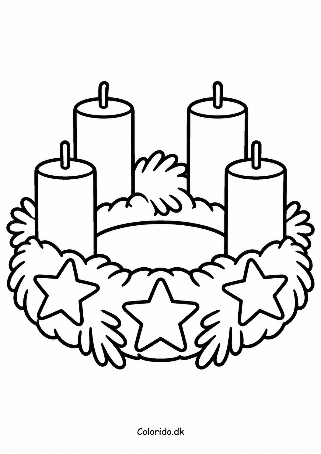 Adventskrans med stjernepynt – let tegning til print