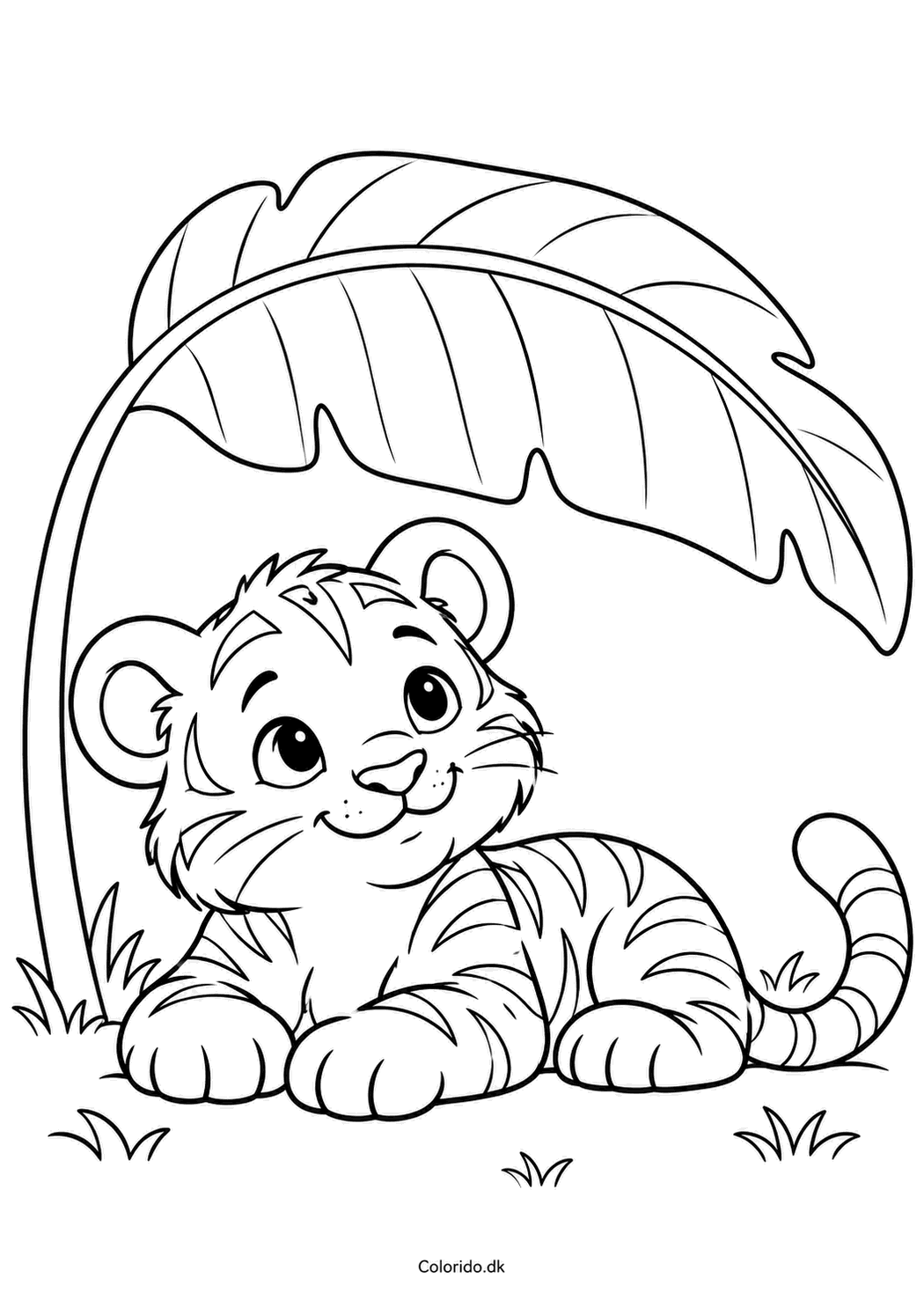 Tiger under et bananblad – enkel jungletegning