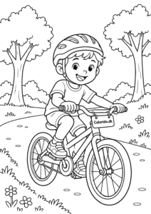 Barn cykler gennem parken – tegning til print