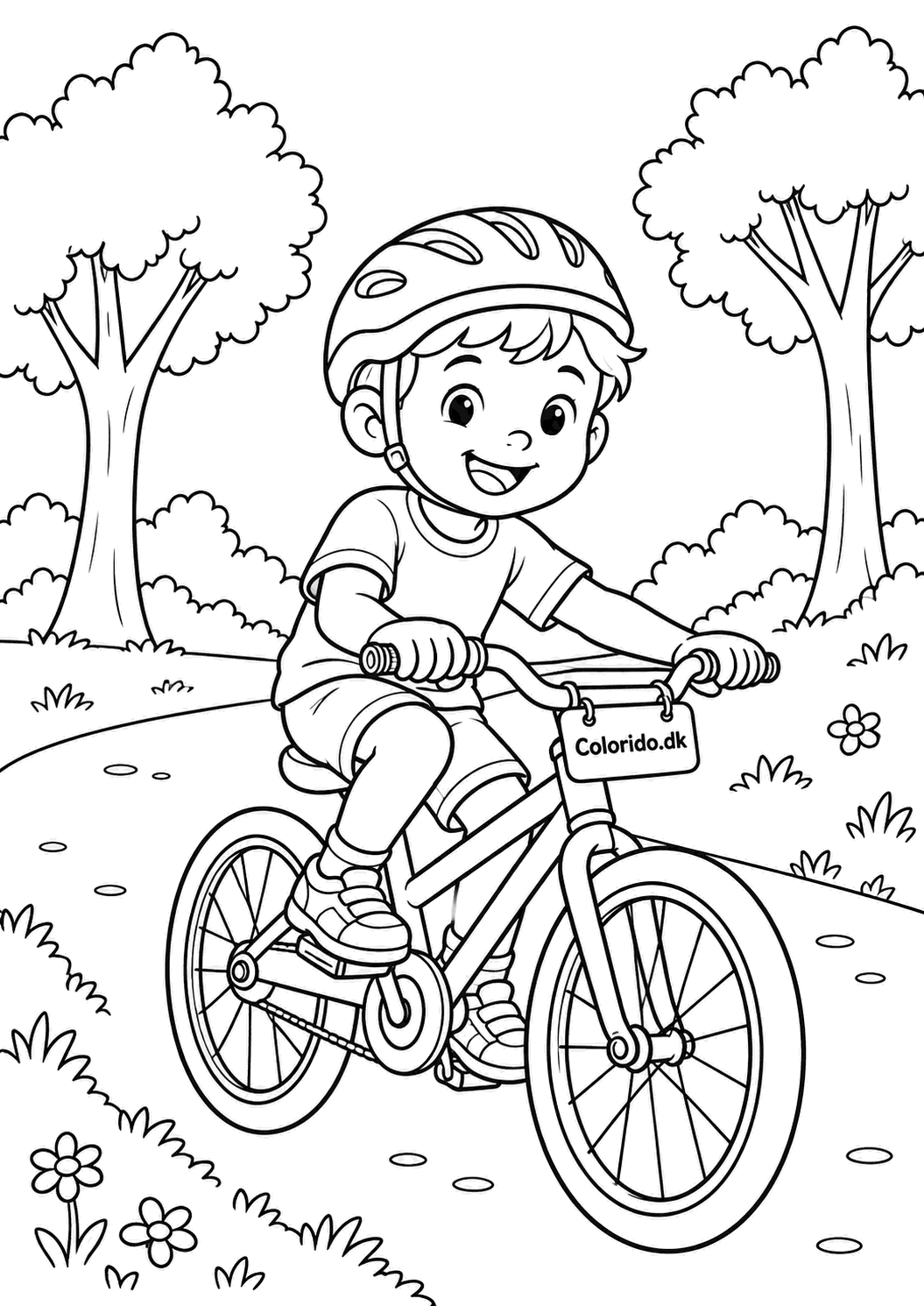 Barn cykler gennem parken – tegning til print
