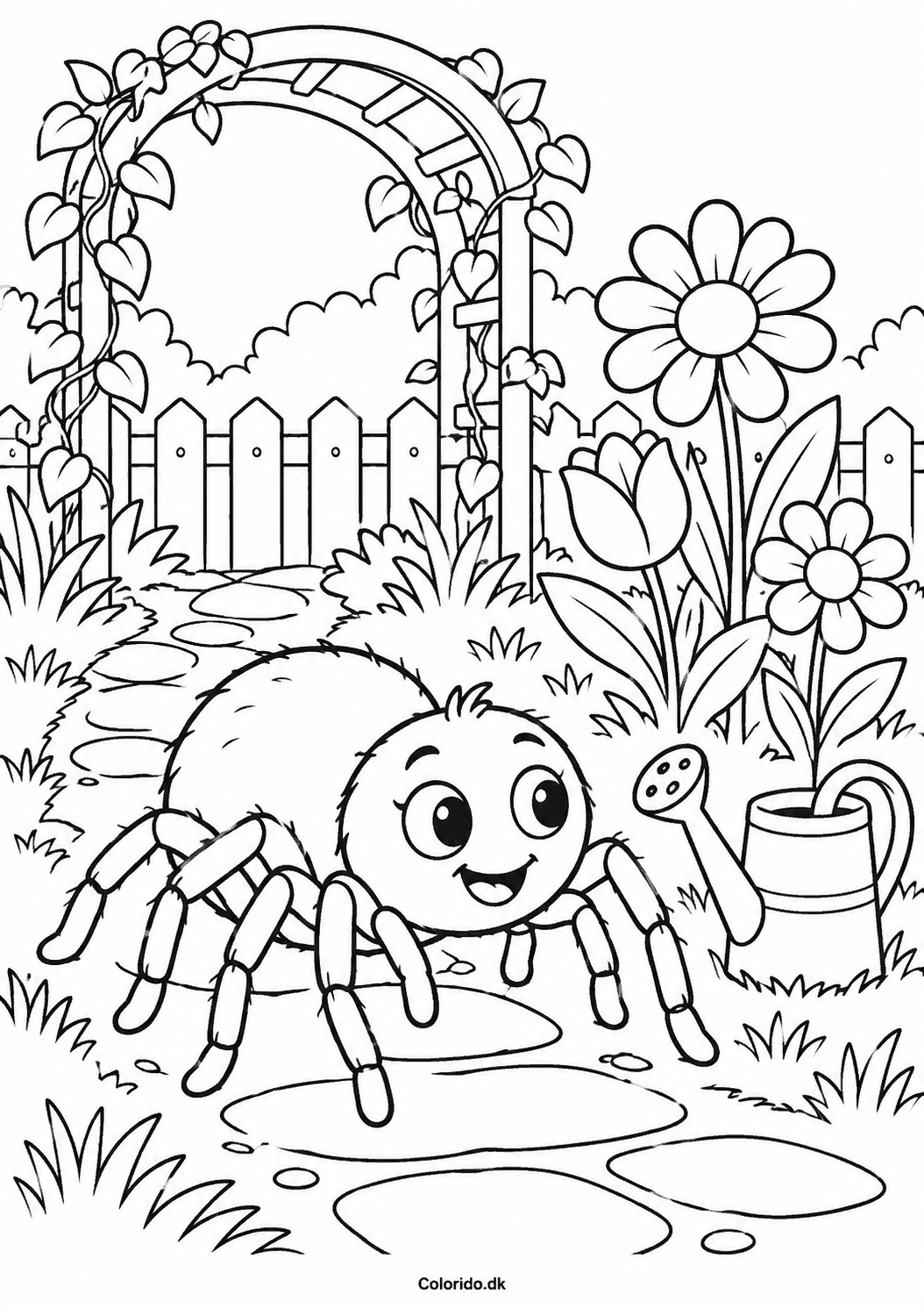 Edderkop i blomsterhaven – tegning til farvelægning