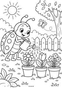 Mariehøne vander blomster – havetegning til print
