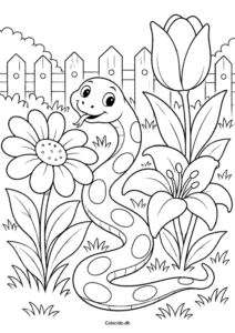 Slange i blomsterhaven – tegning til farvelægning