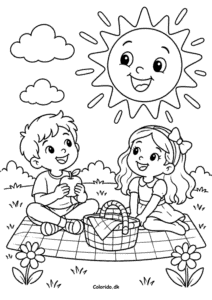 Sol over picnic i haven – tegning til farvelægning
