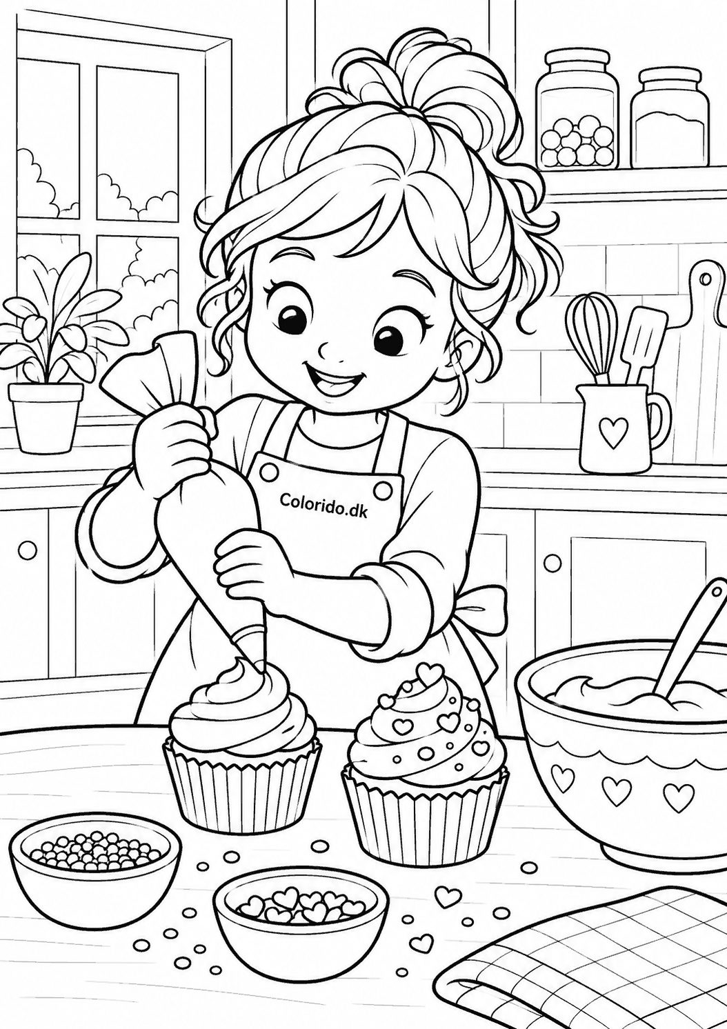 Barn pynter cupcakes – hyggelig tegning til farvelægning