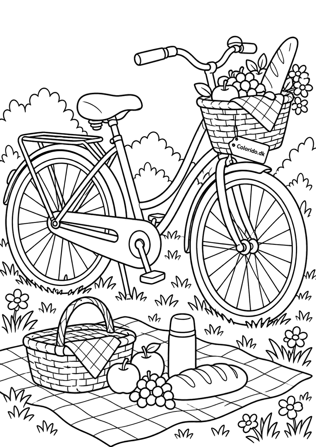Cykel med picnic i kurven til farvelægning
