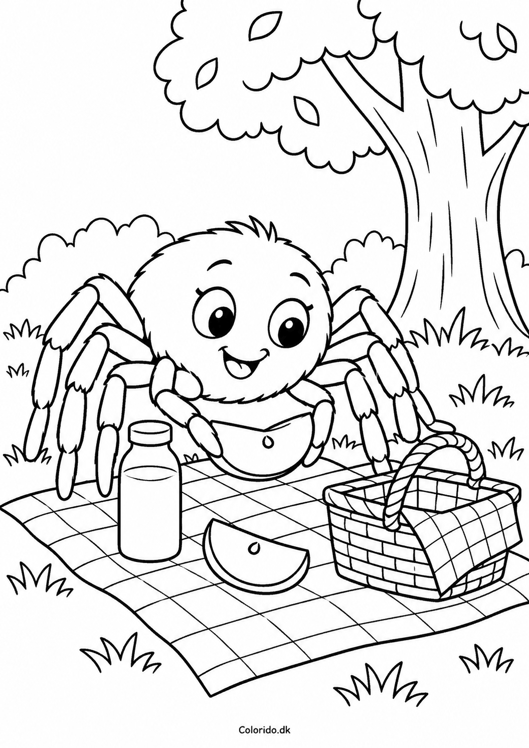 Edderkop på picnic – sommertegning til print