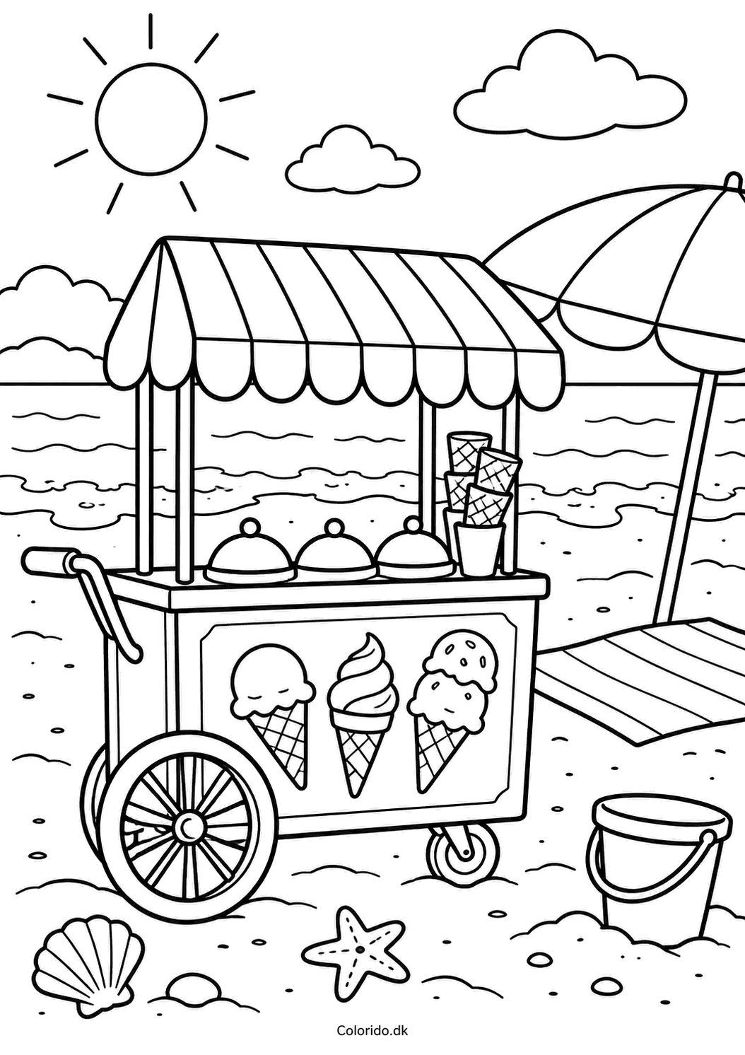 Isvogn ved stranden – sommer tegning til print