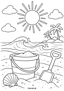 Sol ved stranden – sommertegning med spand og skovl