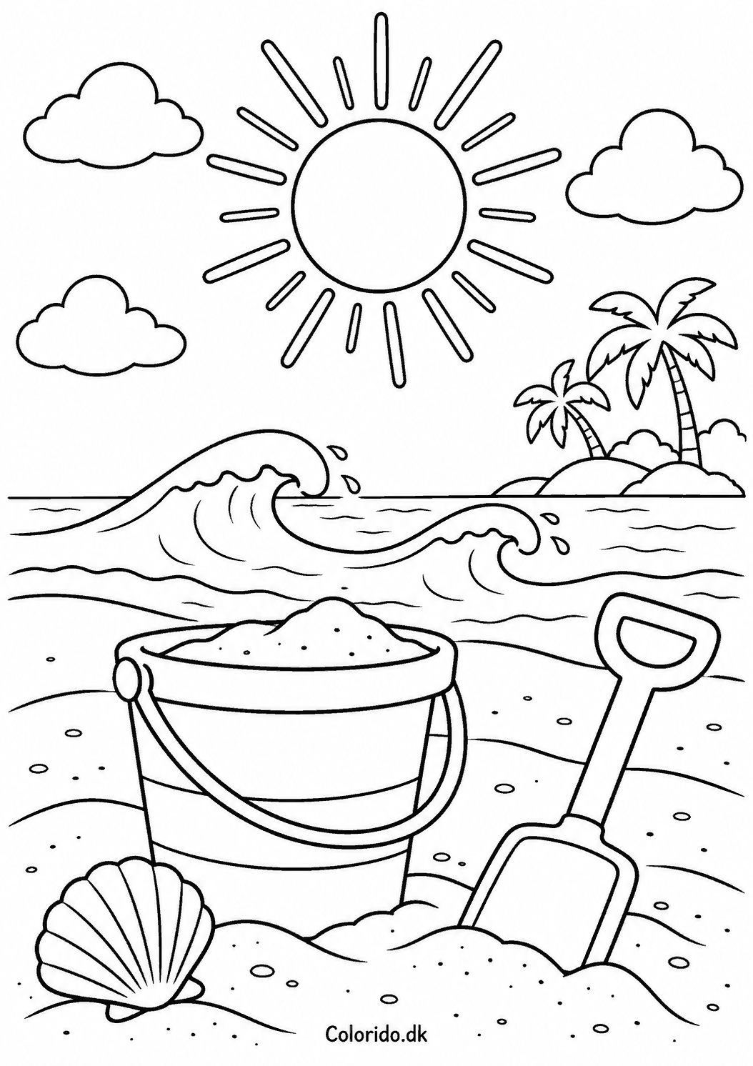 Sol ved stranden – sommertegning med spand og skovl