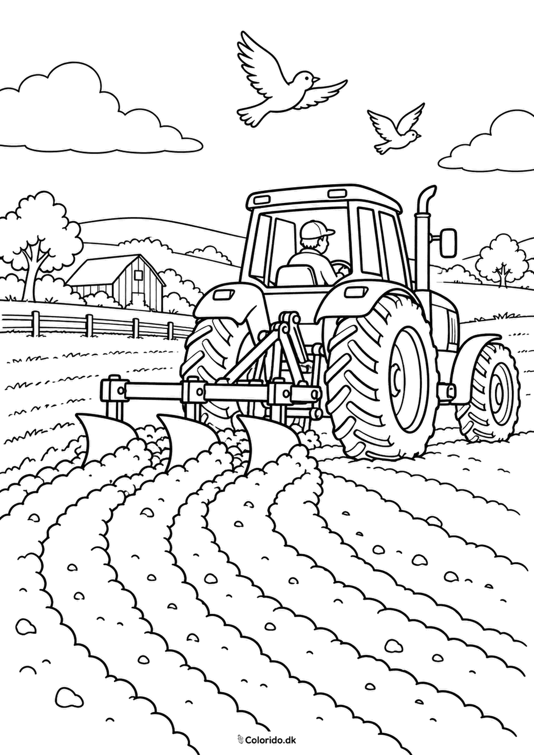 Traktor pløjer marken – gratis malebillede