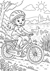 Cykeltur ved søen – tegning med barn og cykel