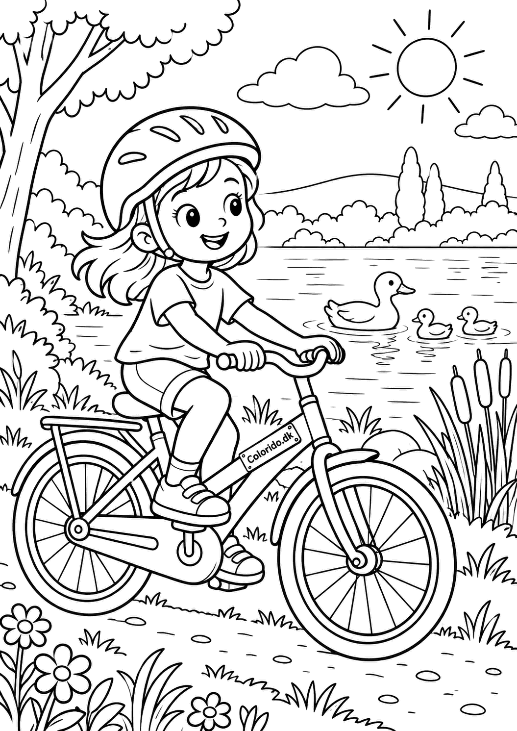 Cykeltur ved søen – tegning med barn og cykel