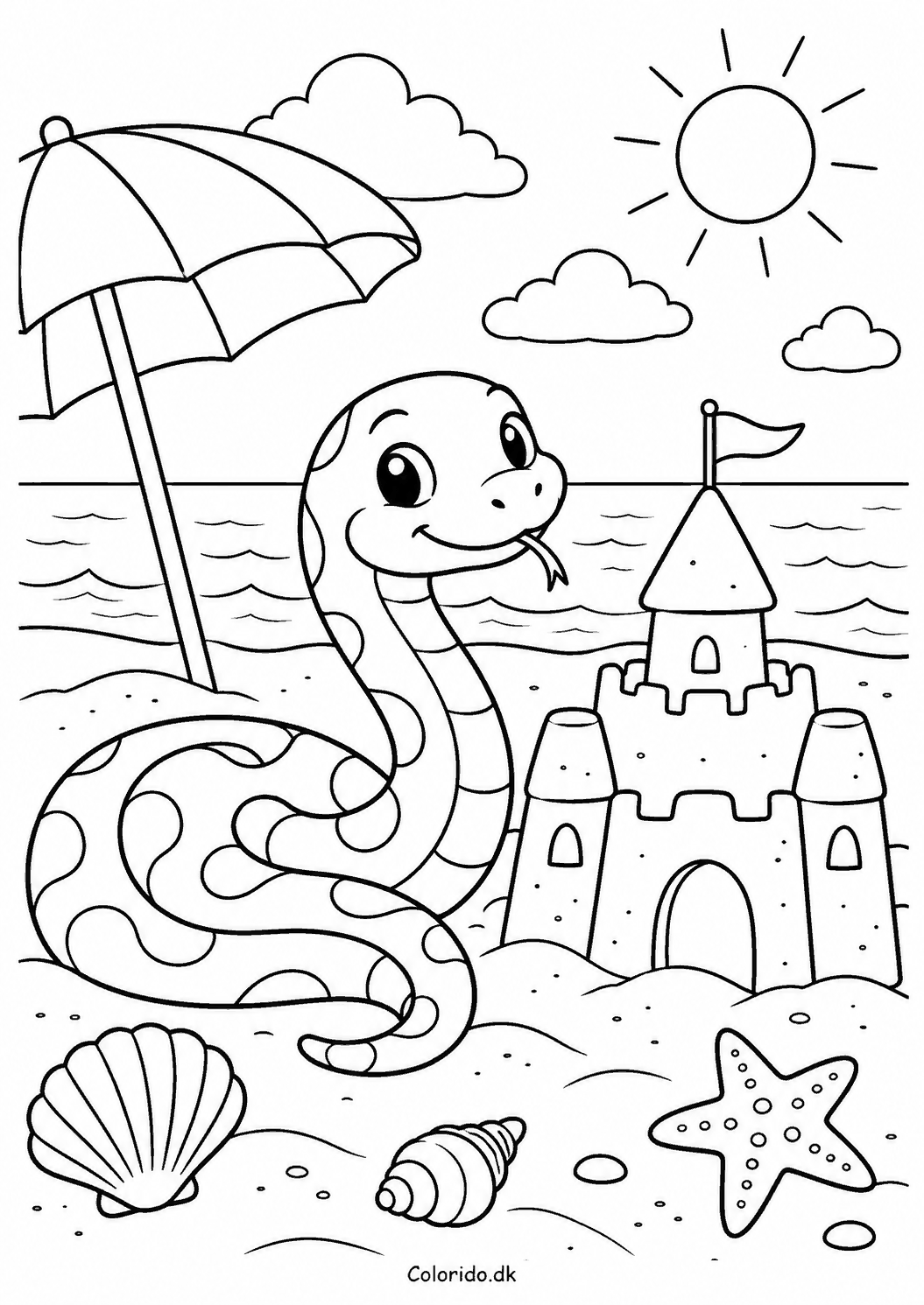 Slange på stranden – sommertegning til print