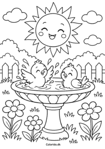 Sol og fuglebad – gratis tegning til print