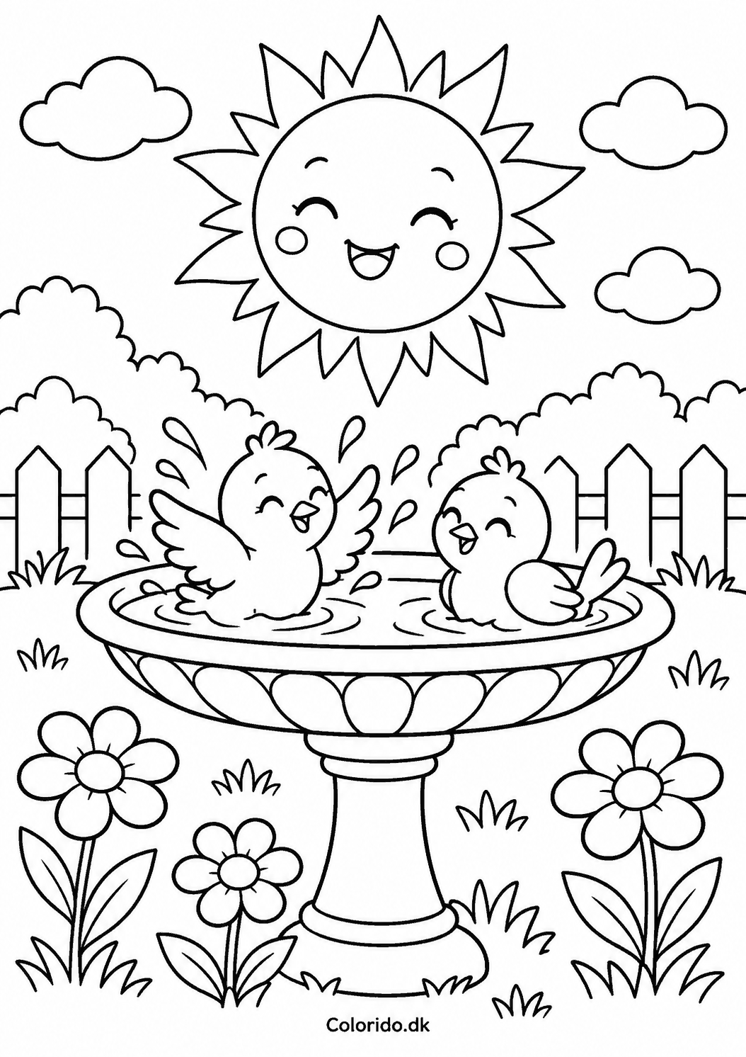 Sol og fuglebad – gratis tegning til print