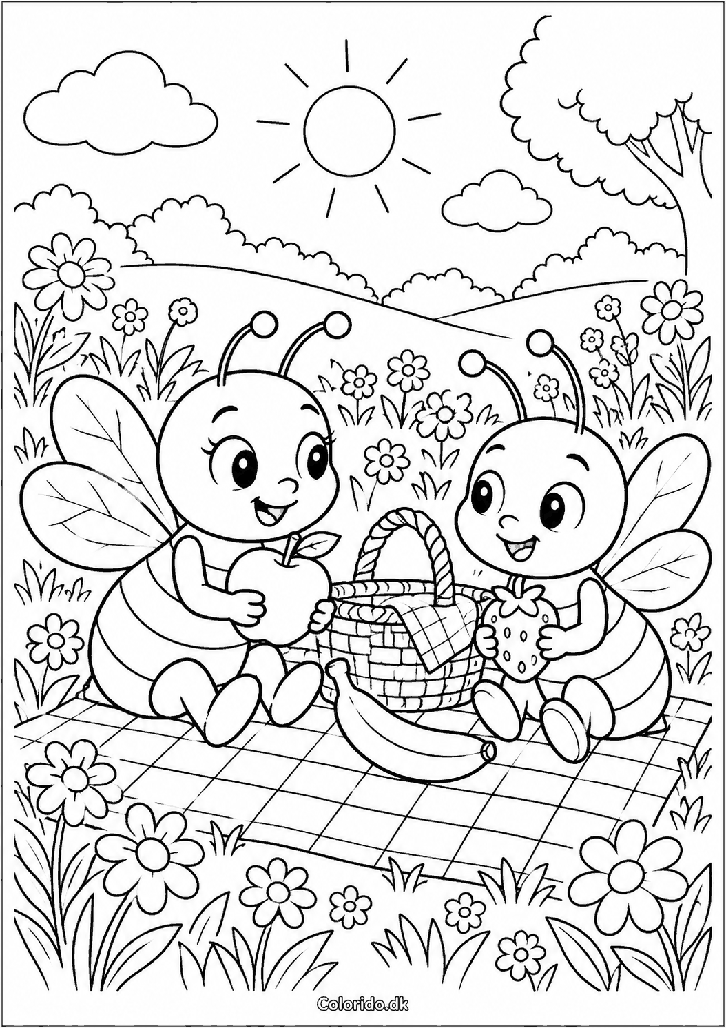 Bi på picnic – hyggelig sommertegning