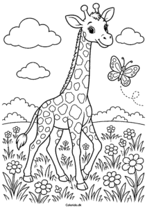 Giraf i blomstereng – forårstegning til print