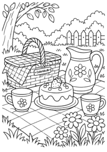 Kagepicnic i haven med te og blomster