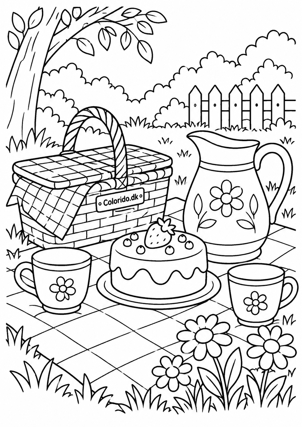 Kagepicnic i haven med te og blomster