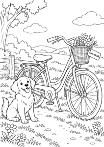 Cykel med hund ved siden af – gratis tegning