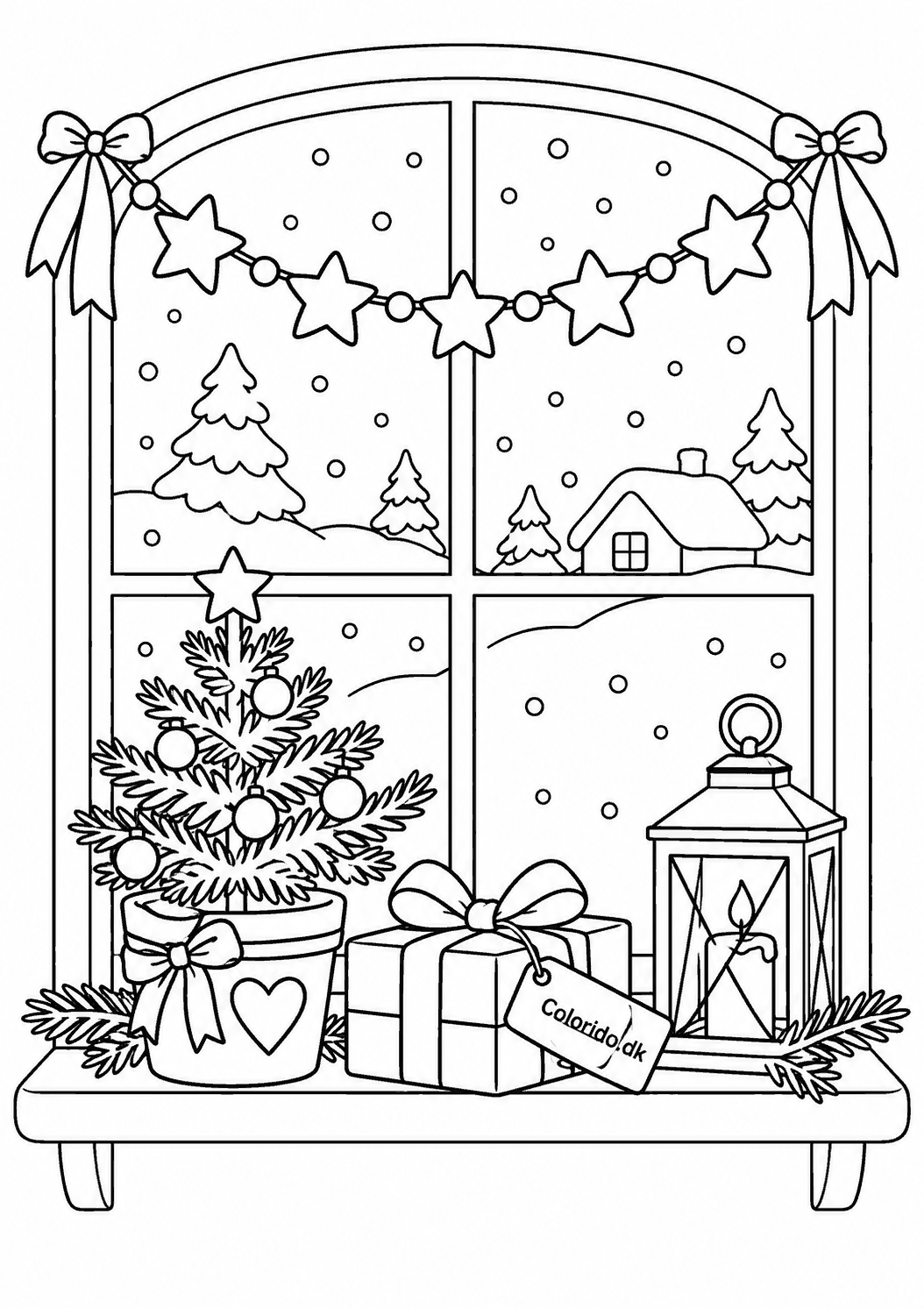 Juleguirlande i vinduet – tegning til print