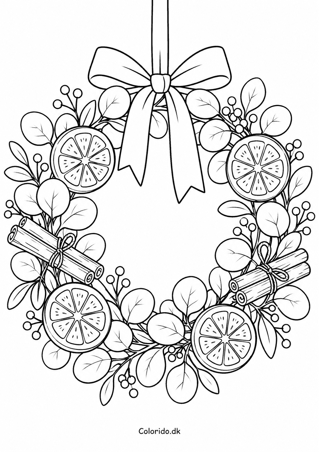Julekrans med appelsinskiver – tegning til farvelægning
