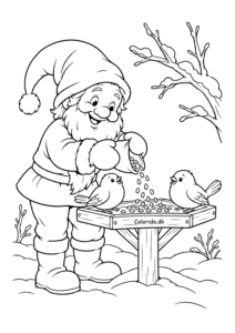 Nisse fodrer fugle i vinterhaven til print