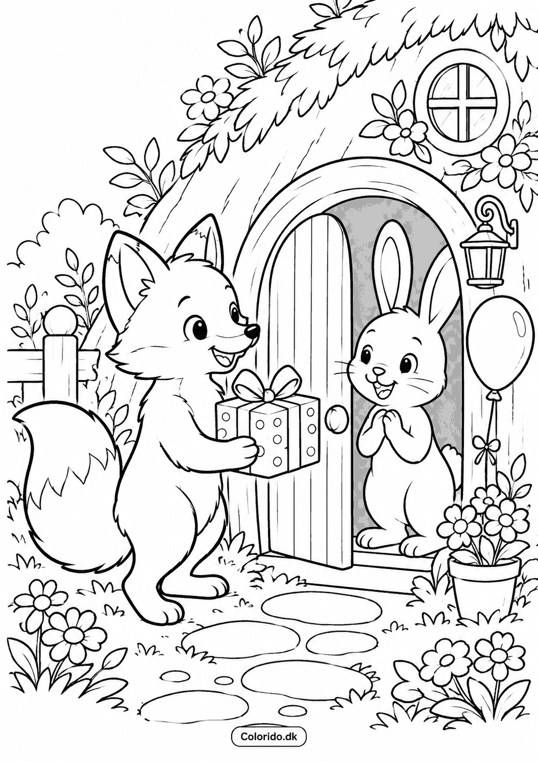 Ræv afleverer fødselsdagsgave – sød tegning til print