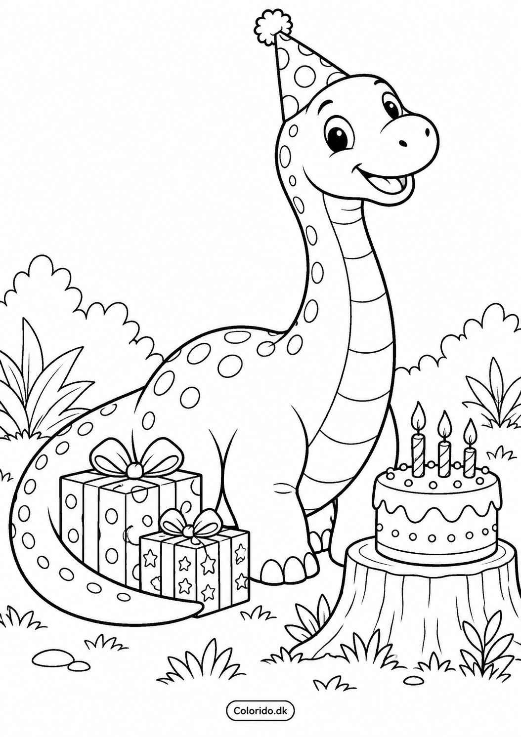 Venlig dinosaur til fødselsdag – gratis farvelægning