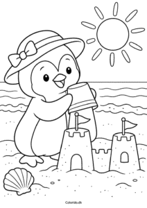 Pingvin på stranden – sommertegning til print
