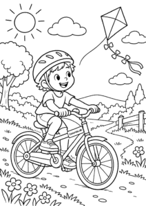 Barn på cykel med flyverdrage – tegning til print