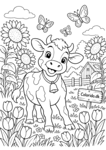 Ko i blomsterhaven – sommertegning til print