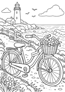 Cykel ved fyrtårnet – sommertegning til børn