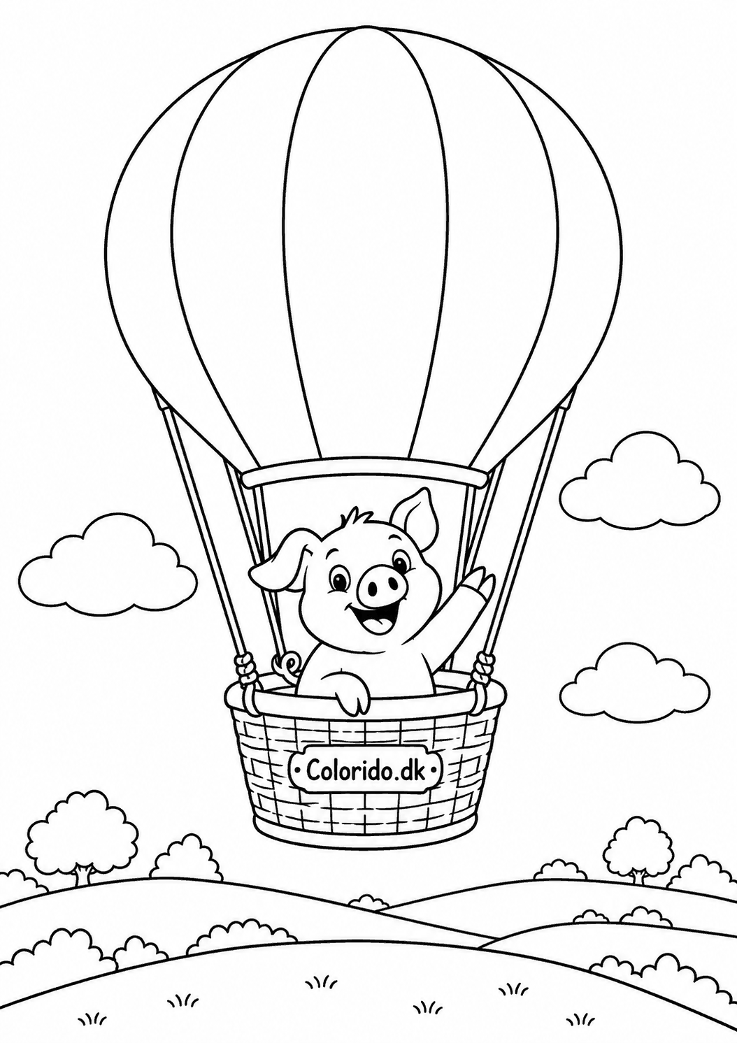 Gris i luftballon – eventyrlig tegning til print