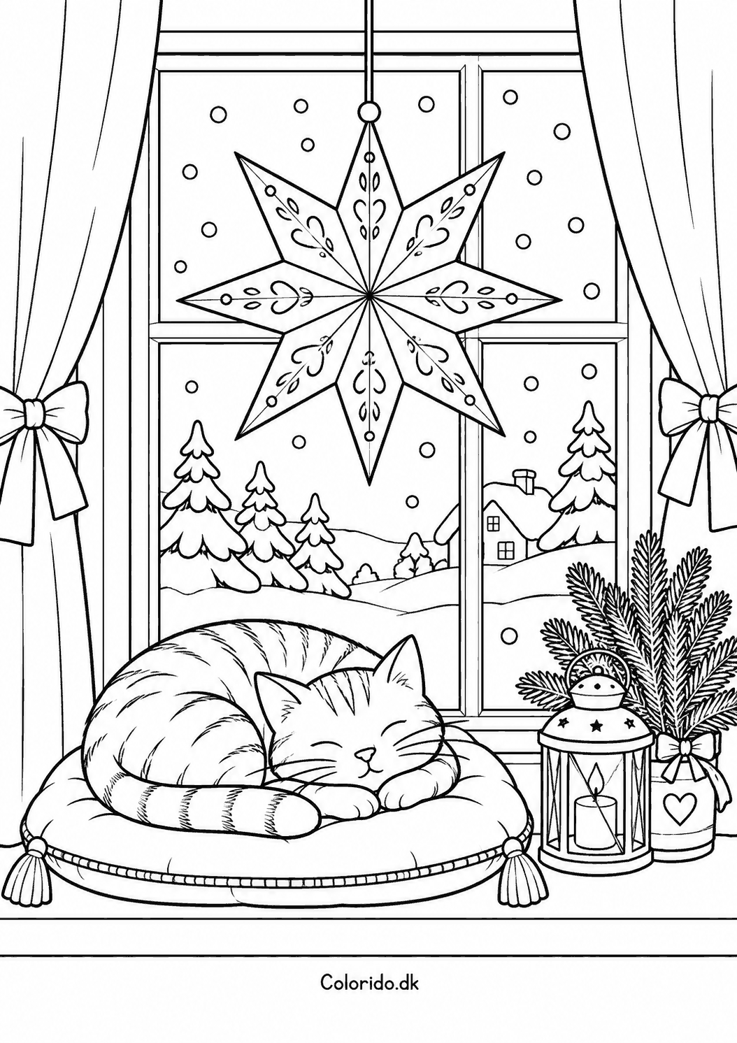 Julestjerne over en sovende kat – juletegning til print
