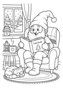 Nisse læser en julebog – tegning til børn
