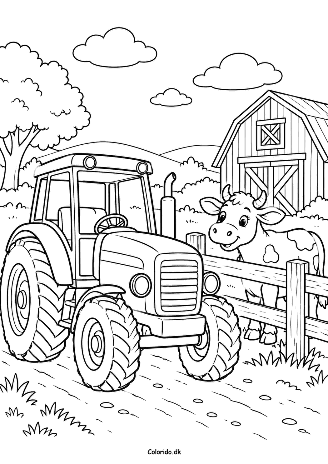Traktor og venlig ko ved hegnet – maletegning