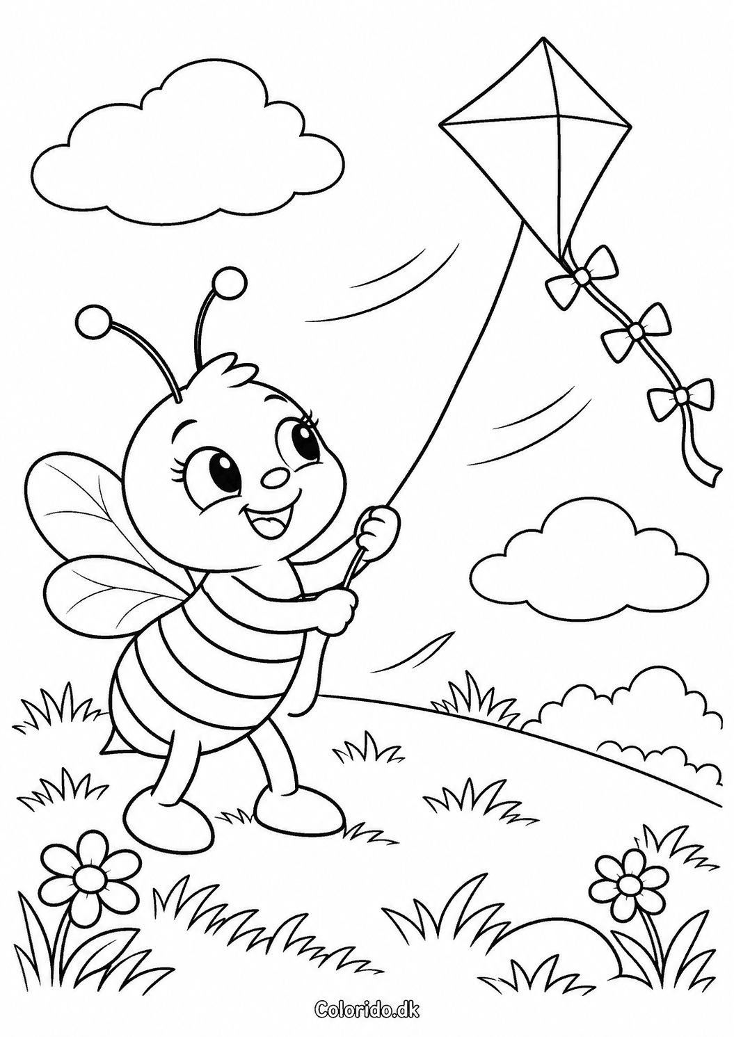Bi flyver med drage – sommertegning til print