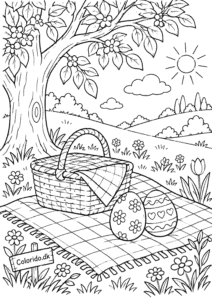 Påskeæg på picnictæppe – tegning til print
