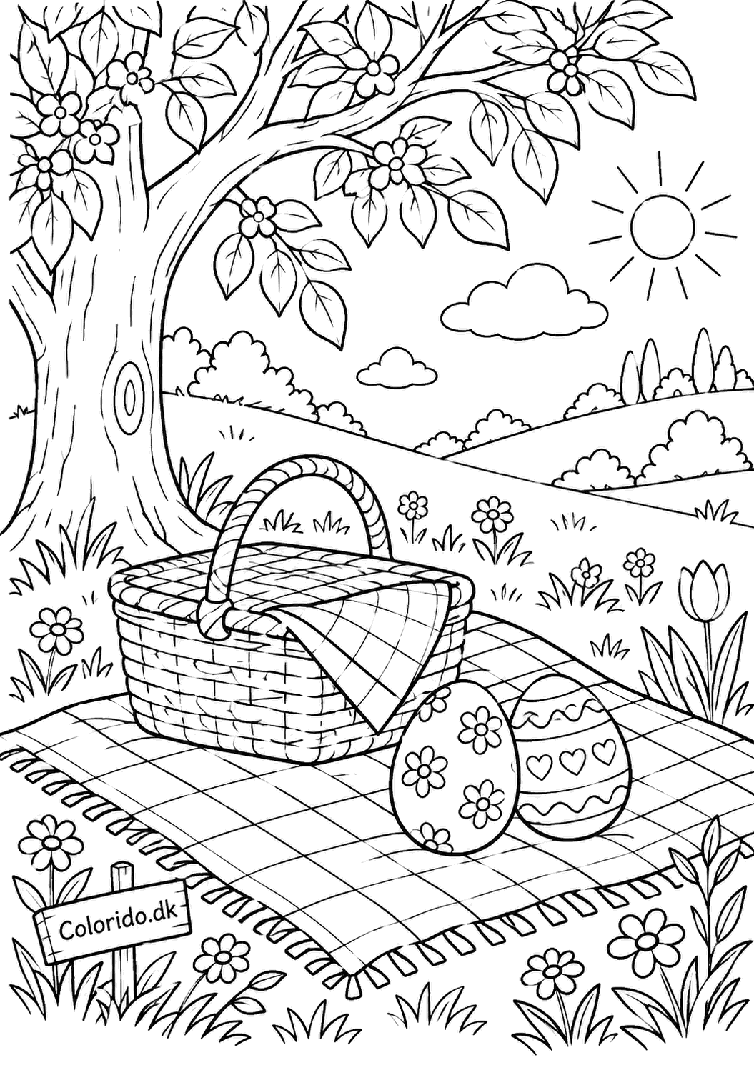 Påskeæg på picnictæppe – tegning til print